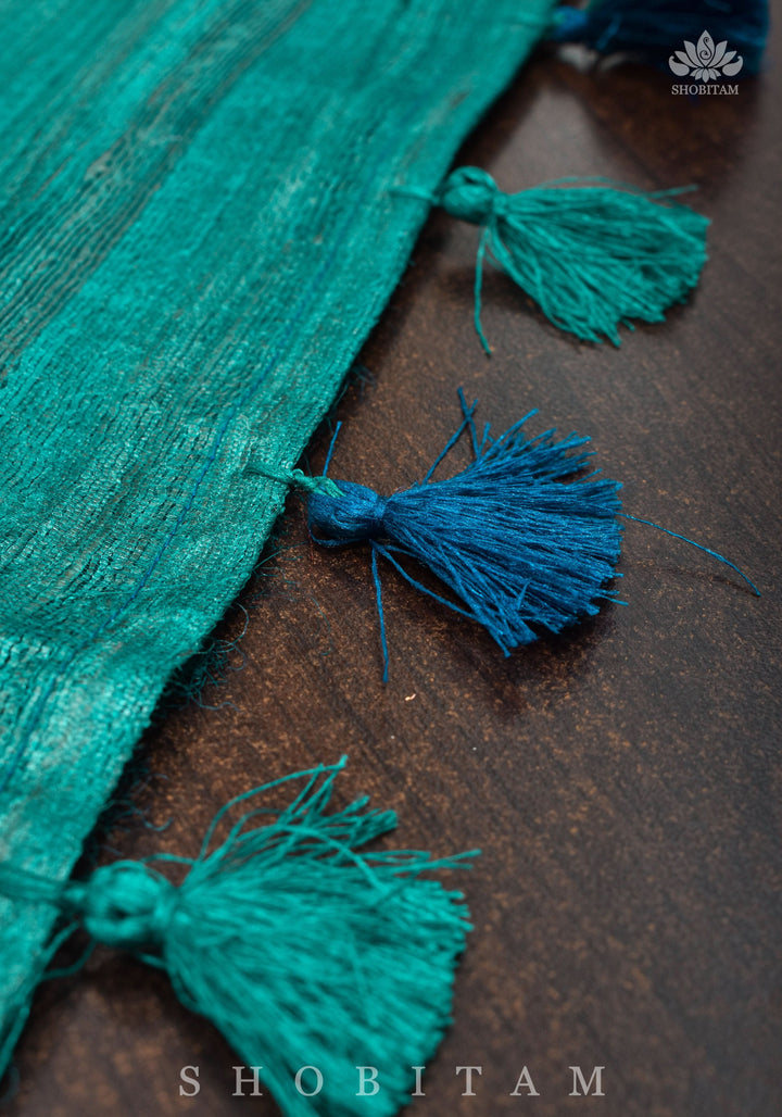 Authentic Madhubani Hand Painted Saree on Pure Tussar Silk in Teal | SILK MARK CERTIFIED |