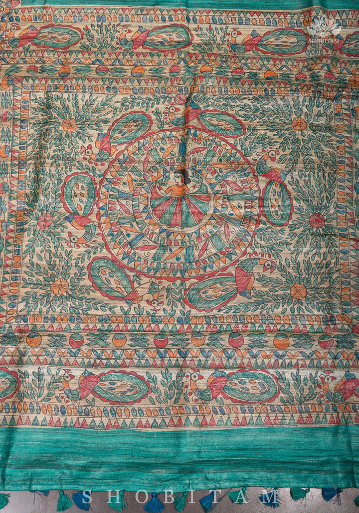 Authentic Madhubani Hand Painted Saree on Pure Tussar Silk in Teal | SILK MARK CERTIFIED |