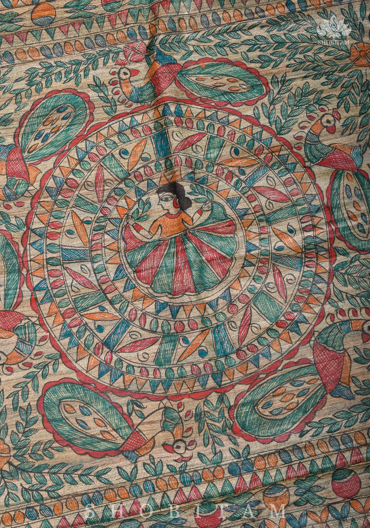 Authentic Madhubani Hand Painted Saree on Pure Tussar Silk in Teal | SILK MARK CERTIFIED |