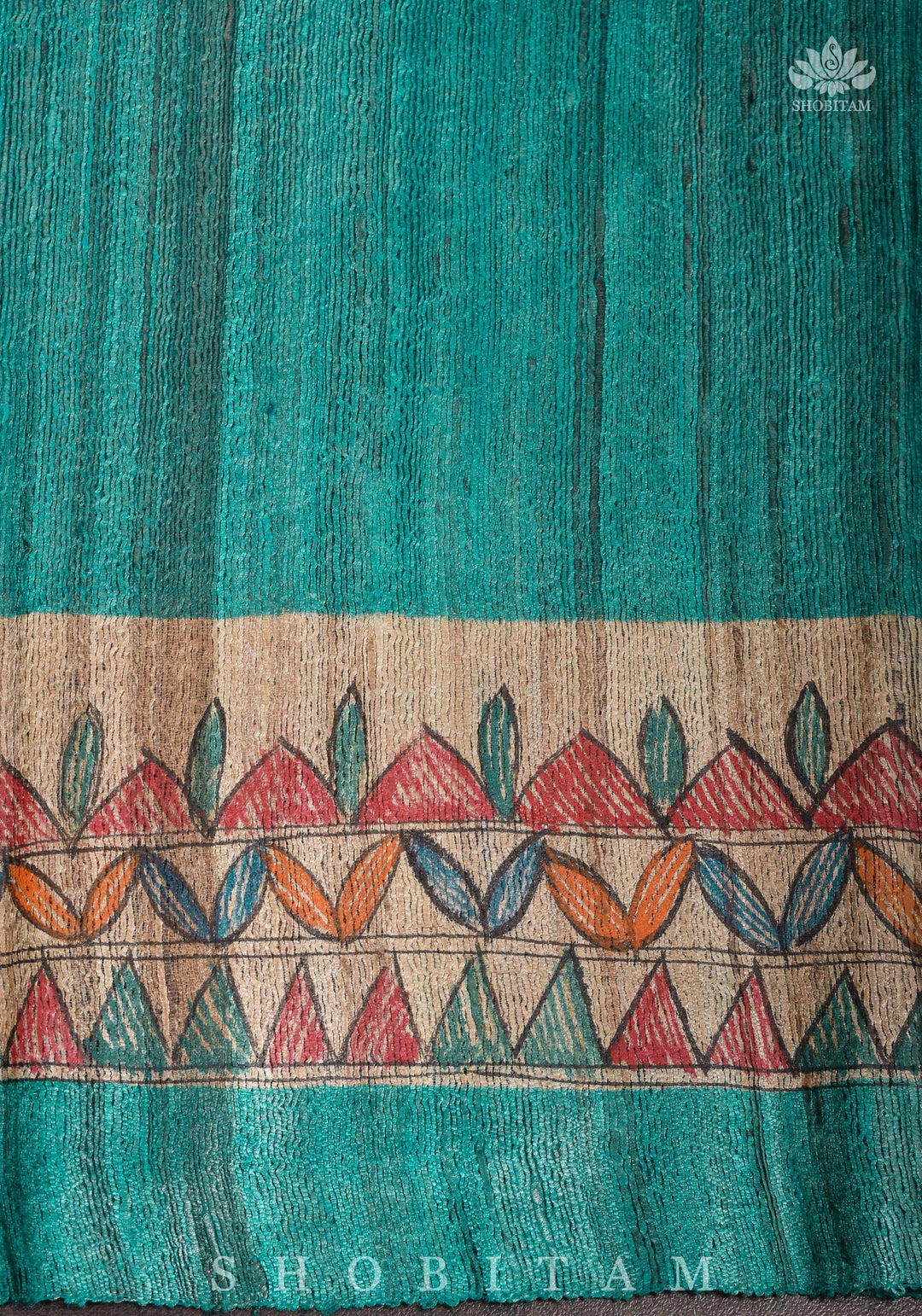 Authentic Madhubani Hand Painted Saree on Pure Tussar Silk in Teal | SILK MARK CERTIFIED |