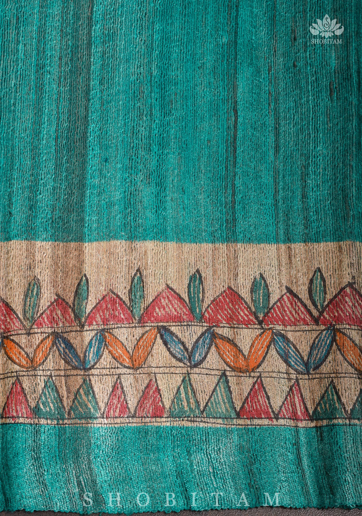 Authentic Madhubani Hand Painted Saree on Pure Tussar Silk in Teal | SILK MARK CERTIFIED |