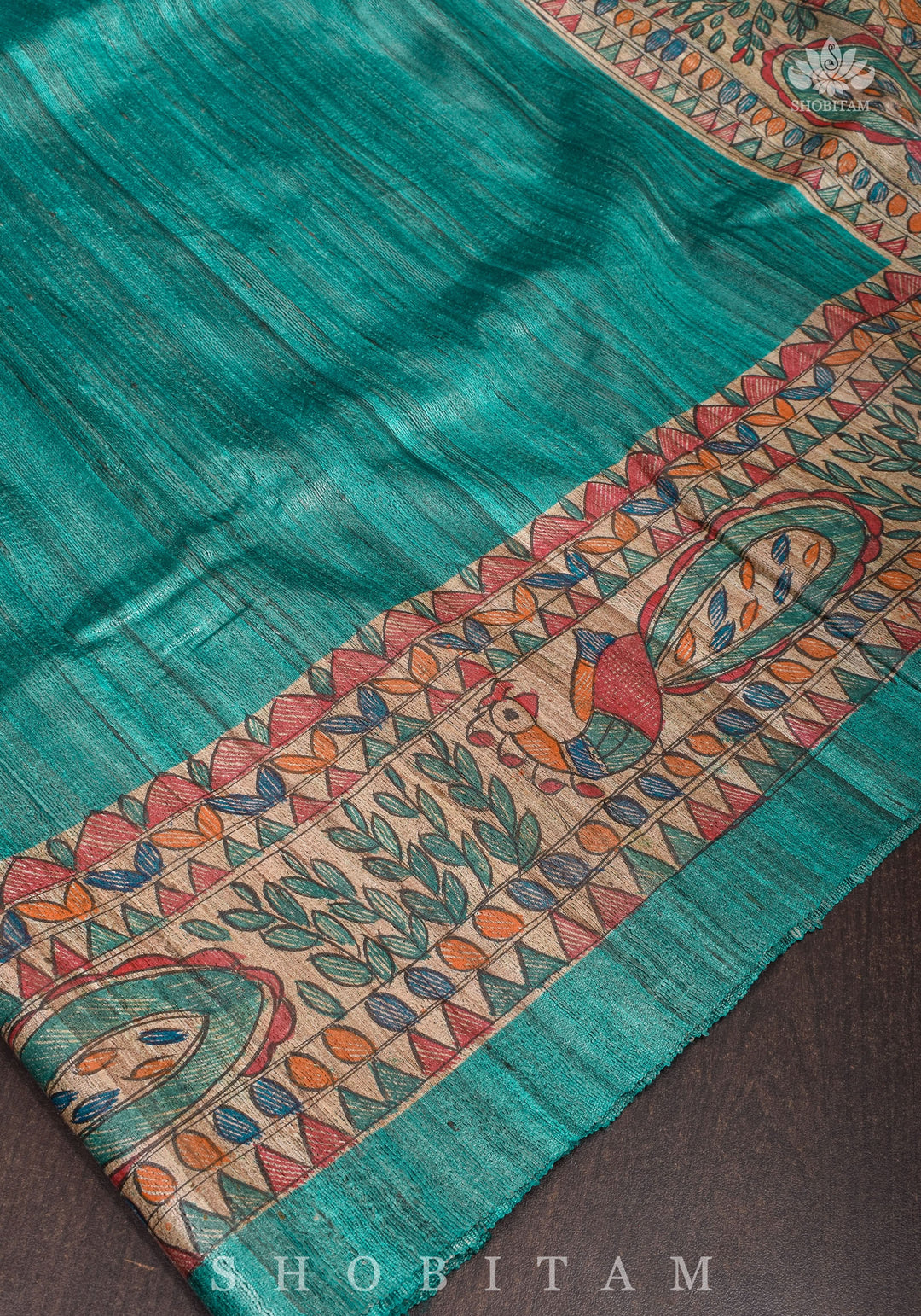 Authentic Madhubani Hand Painted Saree on Pure Tussar Silk in Teal | SILK MARK CERTIFIED |
