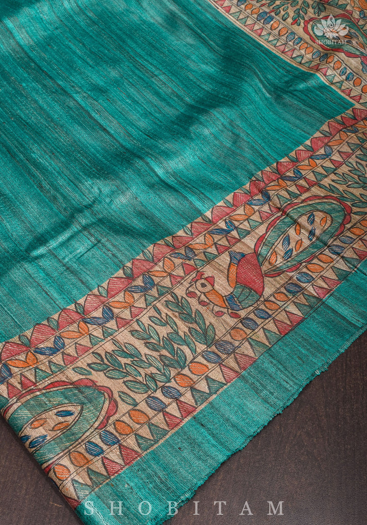 Authentic Madhubani Hand Painted Saree on Pure Tussar Silk in Teal | SILK MARK CERTIFIED |
