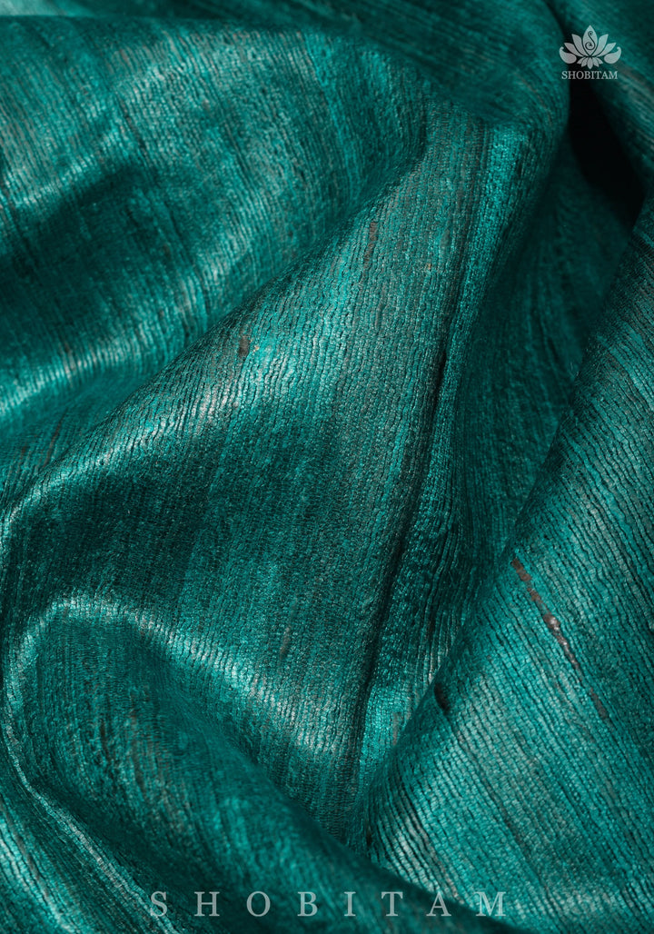 Authentic Madhubani Hand Painted Saree on Pure Tussar Silk in Teal | SILK MARK CERTIFIED |