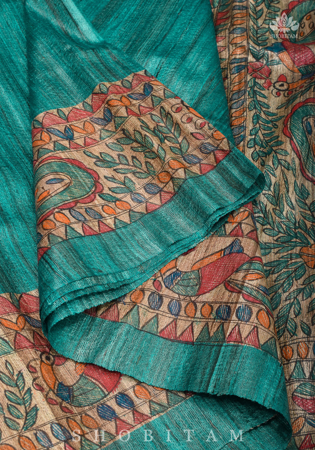 Authentic Madhubani Hand Painted Saree on Pure Tussar Silk in Teal | SILK MARK CERTIFIED |