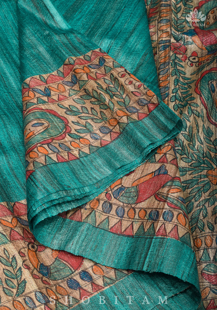 Authentic Madhubani Hand Painted Saree on Pure Tussar Silk in Teal | SILK MARK CERTIFIED |