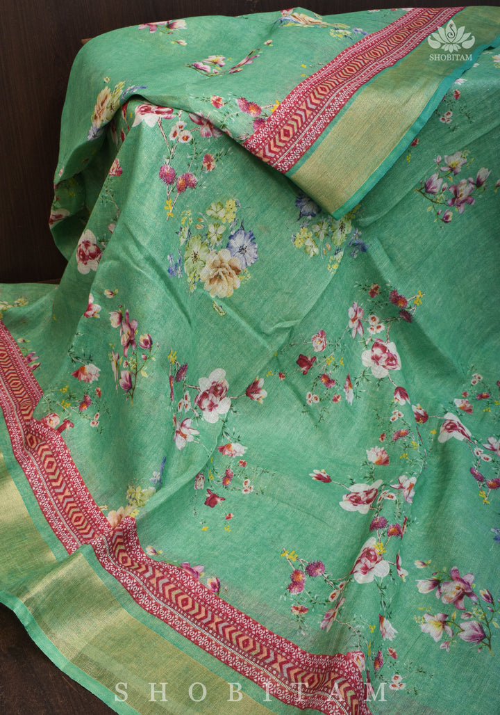 Green Digital Printed Silk Linen saree