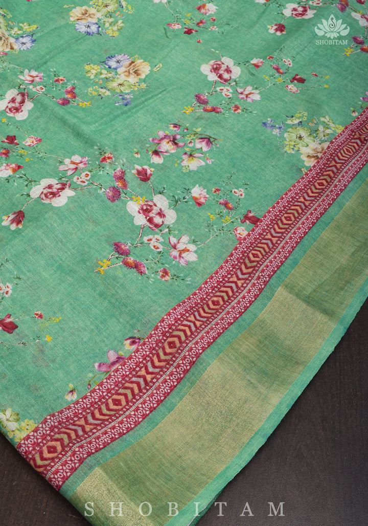 Green Digital Printed Silk Linen saree