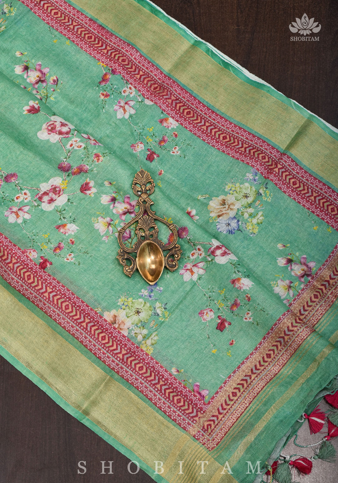Green Digital Printed Silk Linen saree