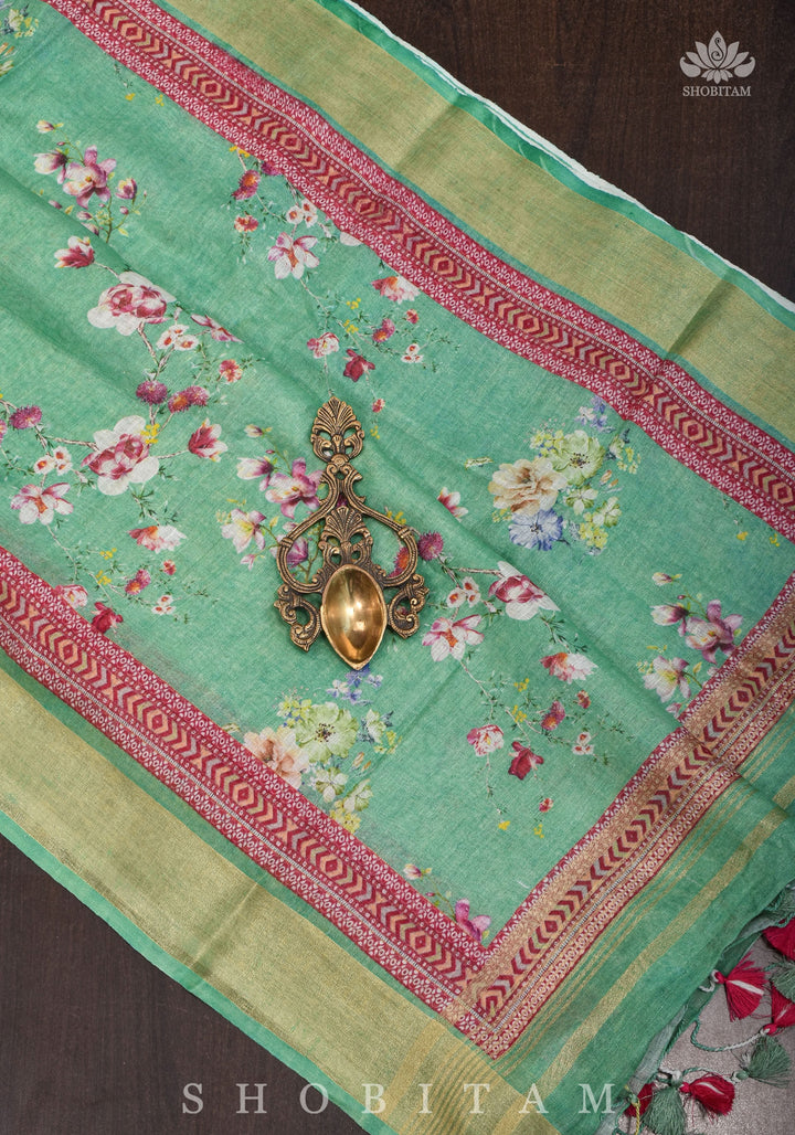 Green Digital Printed Silk Linen saree