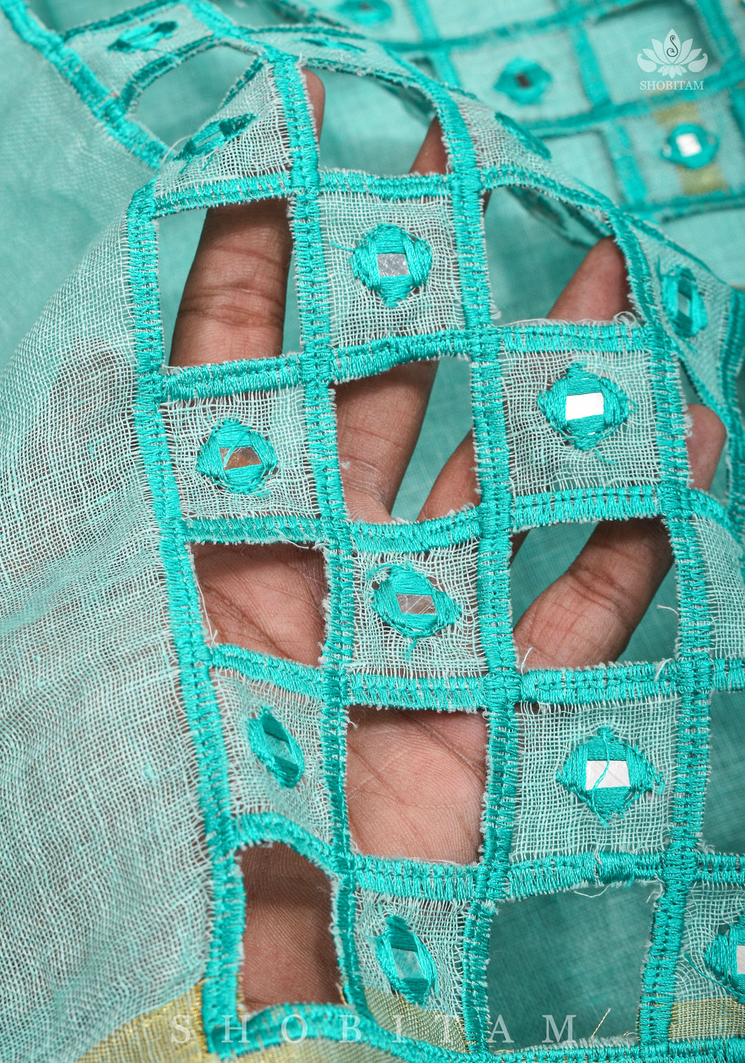 Jaali Pallu - Cutwork and Mirrorwork Saree in Linen by Linen in Teal Color | SHOBITAM
