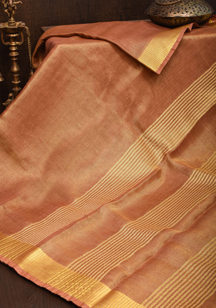 Mocha Gold Tissue Linen Saree with Gold Zari Border