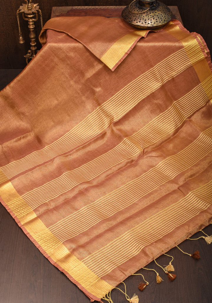 Mocha Gold Tissue Linen Saree with Gold Zari Border