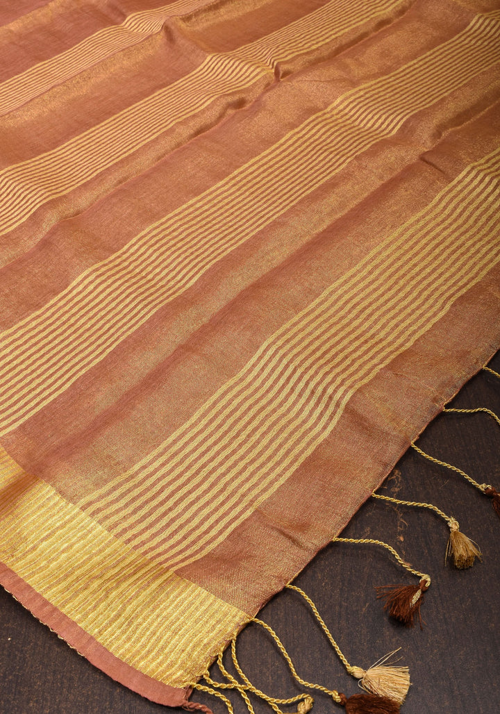 Mocha Gold Tissue Linen Saree with Gold Zari Border