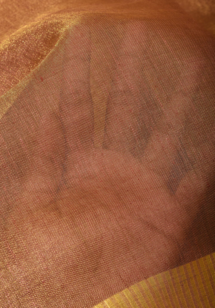 Mocha Gold Tissue Linen Saree with Gold Zari Border
