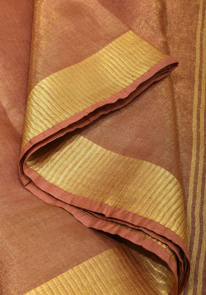 Mocha Gold Tissue Linen Saree with Gold Zari Border