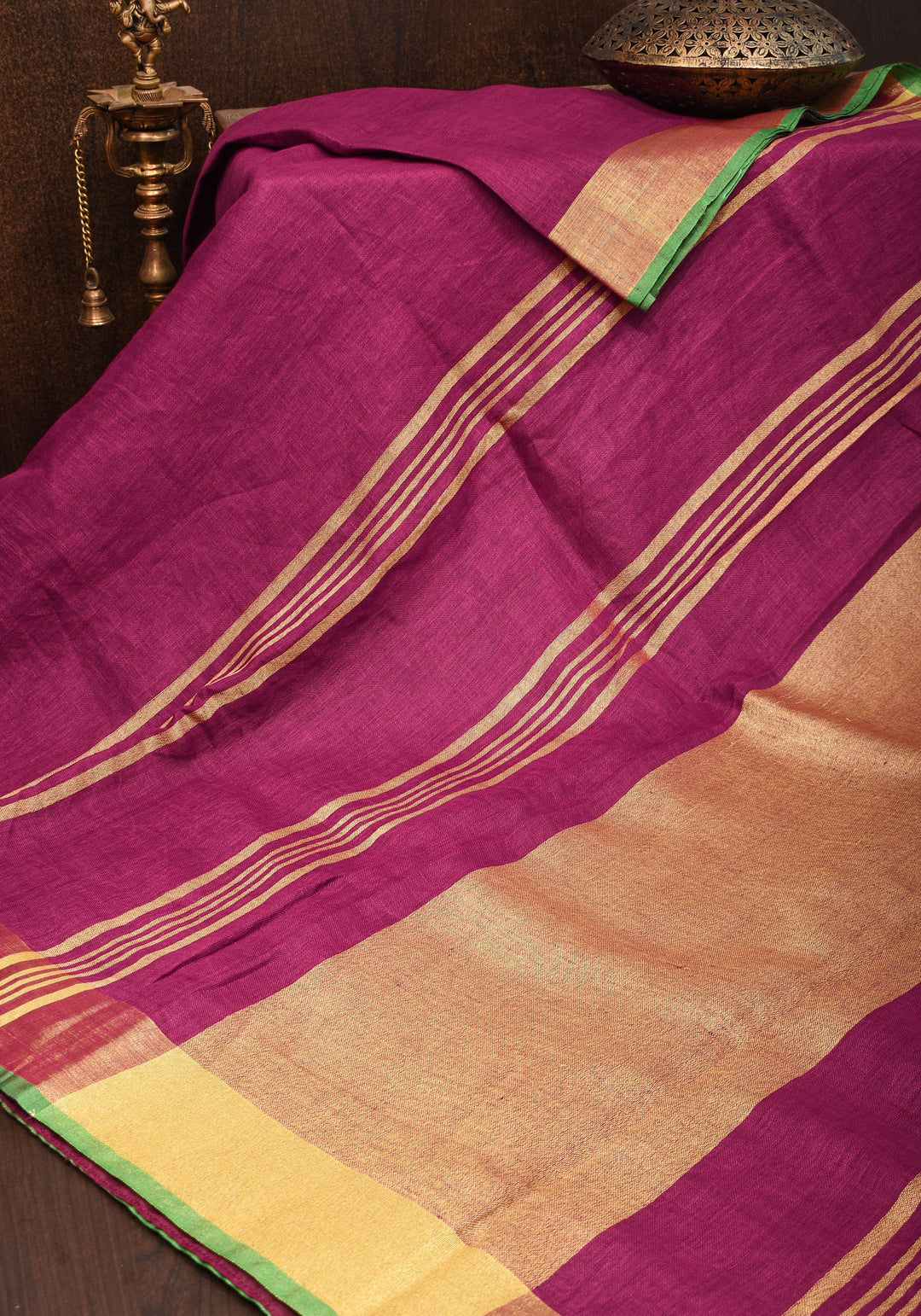 Magenta Pink and Green Linen Saree with Gold Zari Border and Green Selvedge
