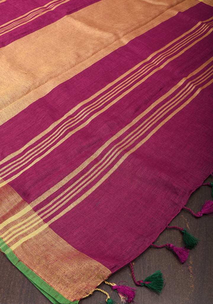 Magenta Pink and Green Linen Saree with Gold Zari Border and Green Selvedge
