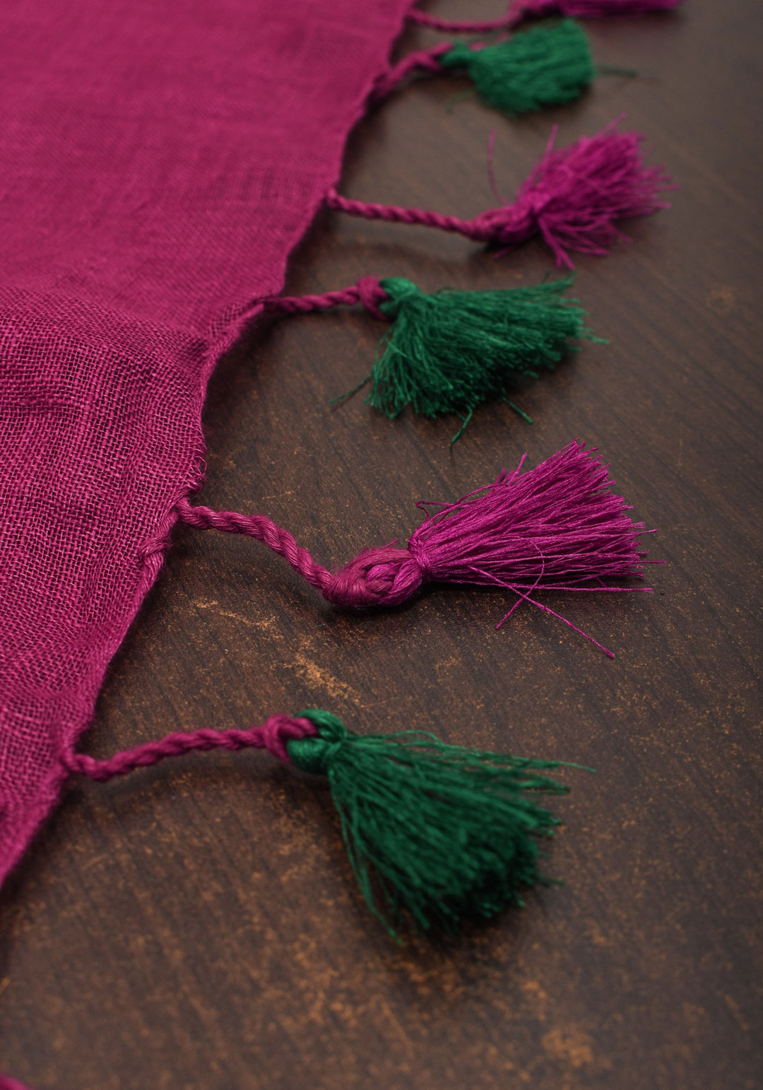 Magenta Pink and Green Linen Saree with Gold Zari Border and Green Selvedge