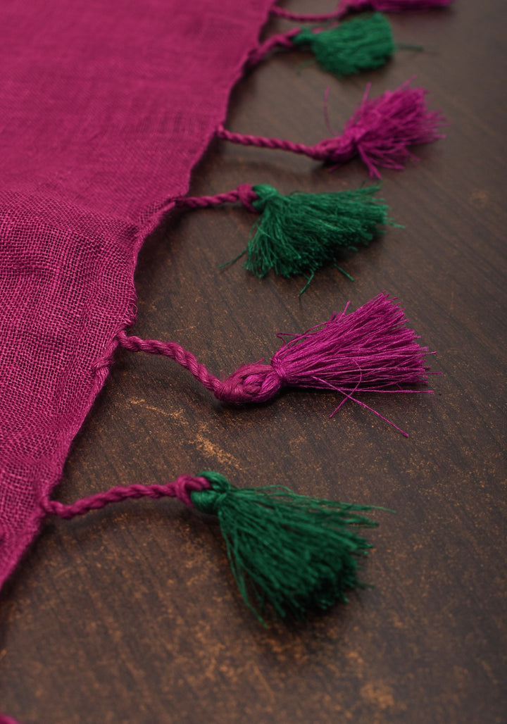 Magenta Pink and Green Linen Saree with Gold Zari Border and Green Selvedge
