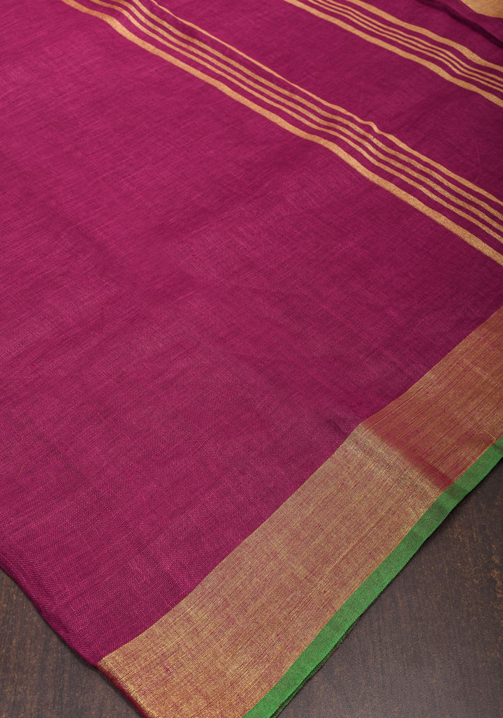 Magenta Pink and Green Linen Saree with Gold Zari Border and Green Selvedge