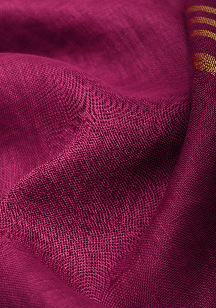 Magenta Pink and Green Linen Saree with Gold Zari Border and Green Selvedge