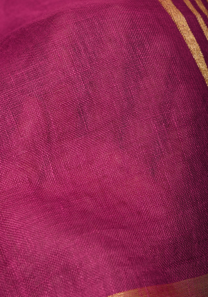 Magenta Pink and Green Linen Saree with Gold Zari Border and Green Selvedge