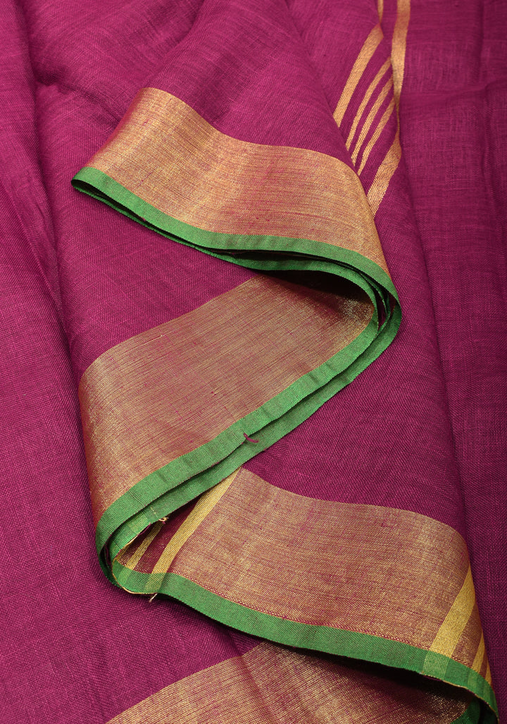 Magenta Pink and Green Linen Saree with Gold Zari Border and Green Selvedge