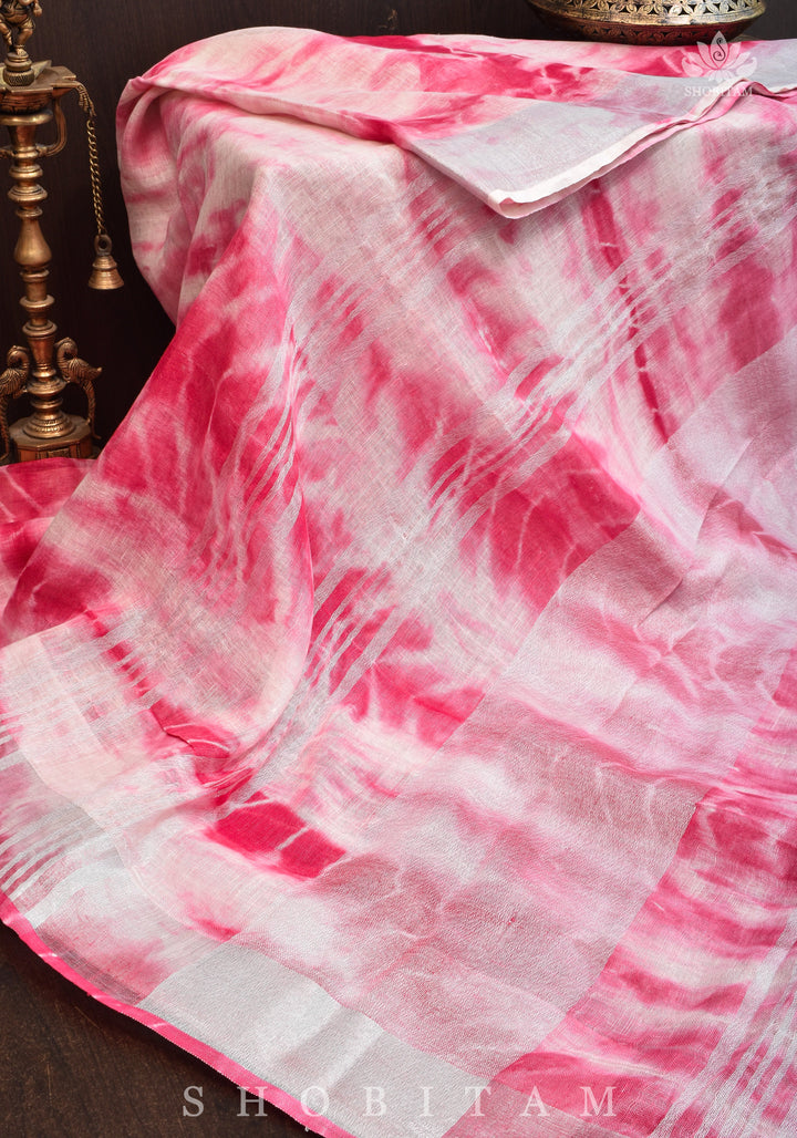 Shibori in Pink & White on Pure Linen by Linen Saree with Muted Silver Zari Border