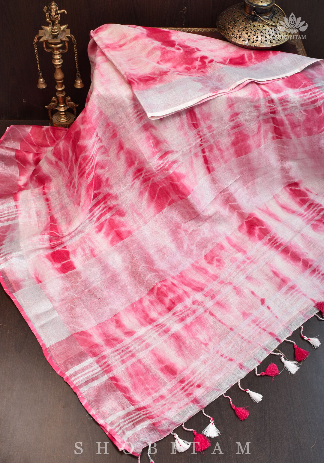 Shibori in Pink & White on Pure Linen by Linen Saree with Muted Silver Zari Border
