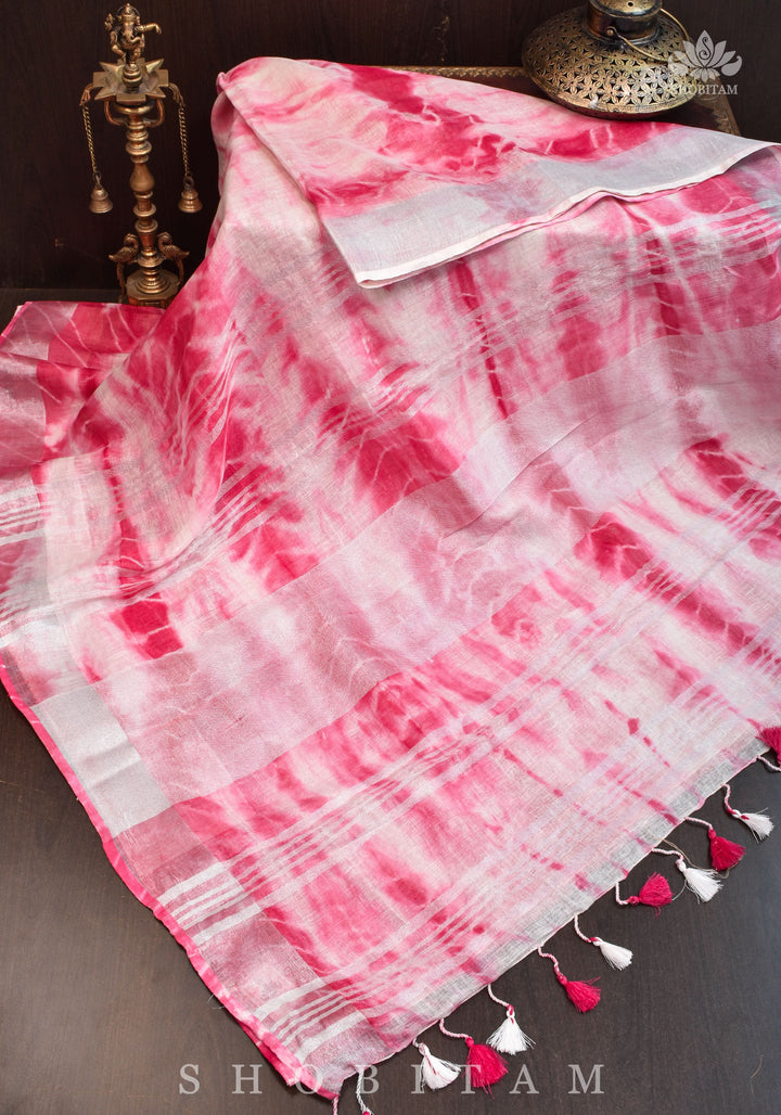 Shibori in Pink & White on Pure Linen by Linen Saree with Muted Silver Zari Border