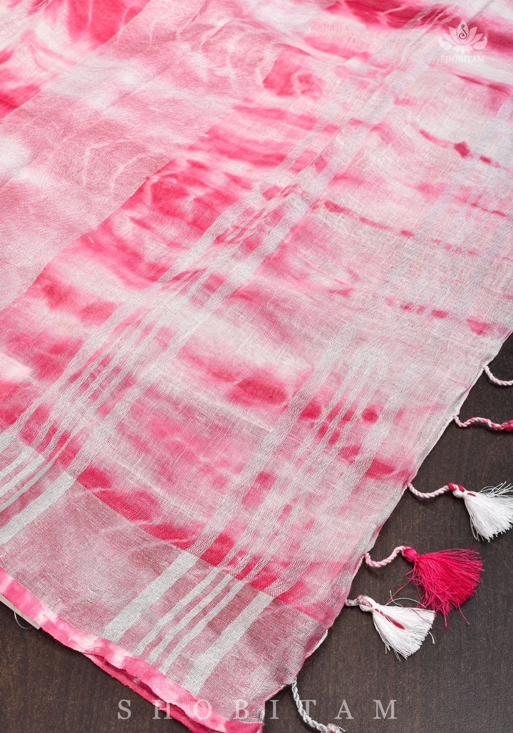 Shibori in Pink & White on Pure Linen by Linen Saree with Muted Silver Zari Border