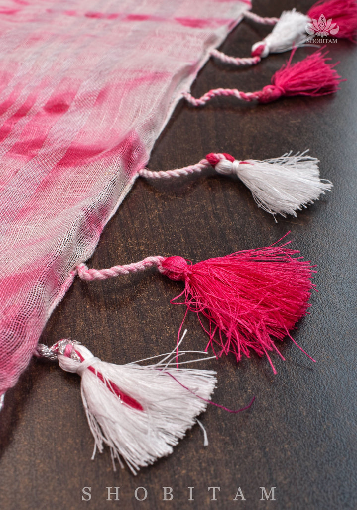 Shibori in Pink & White on Pure Linen by Linen Saree with Muted Silver Zari Border
