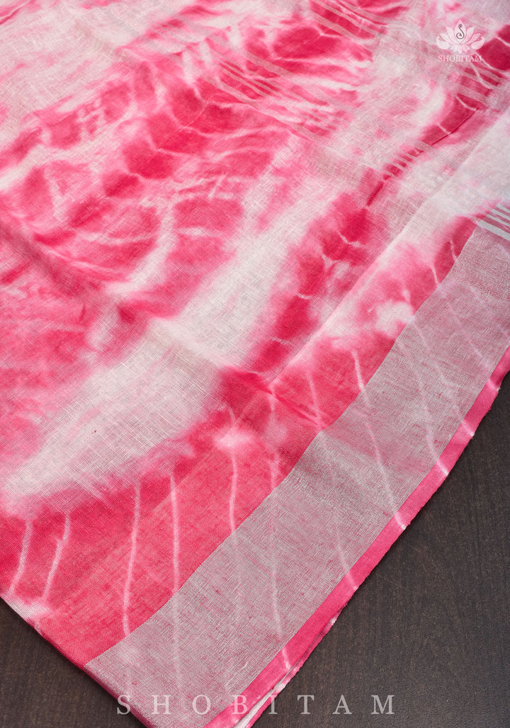 Shibori in Pink & White on Pure Linen by Linen Saree with Muted Silver Zari Border