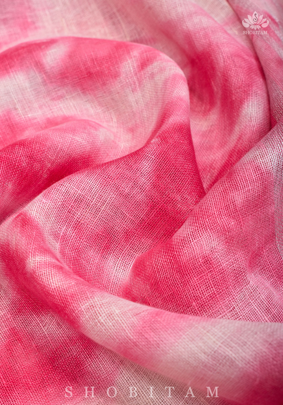 Shibori in Pink & White on Pure Linen by Linen Saree with Muted Silver Zari Border