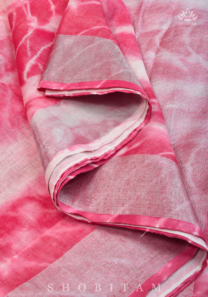 Shibori in Pink & White on Pure Linen by Linen Saree with Muted Silver Zari Border