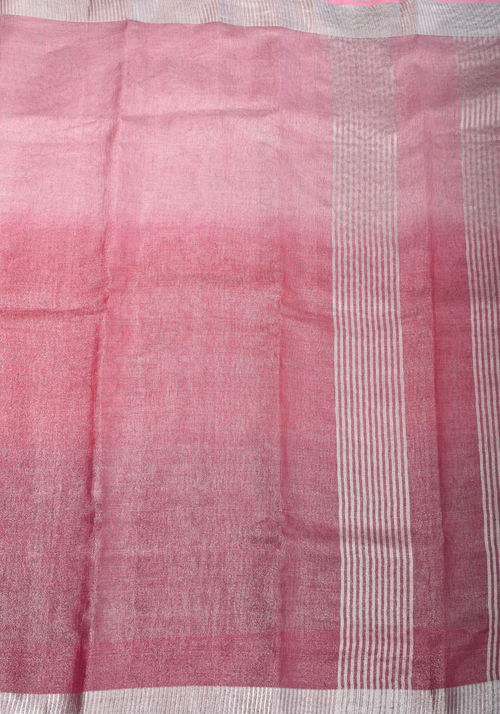 Pink and Baby pink Ombre Silver Tissue Linen Saree with Silver Ribbed Borders