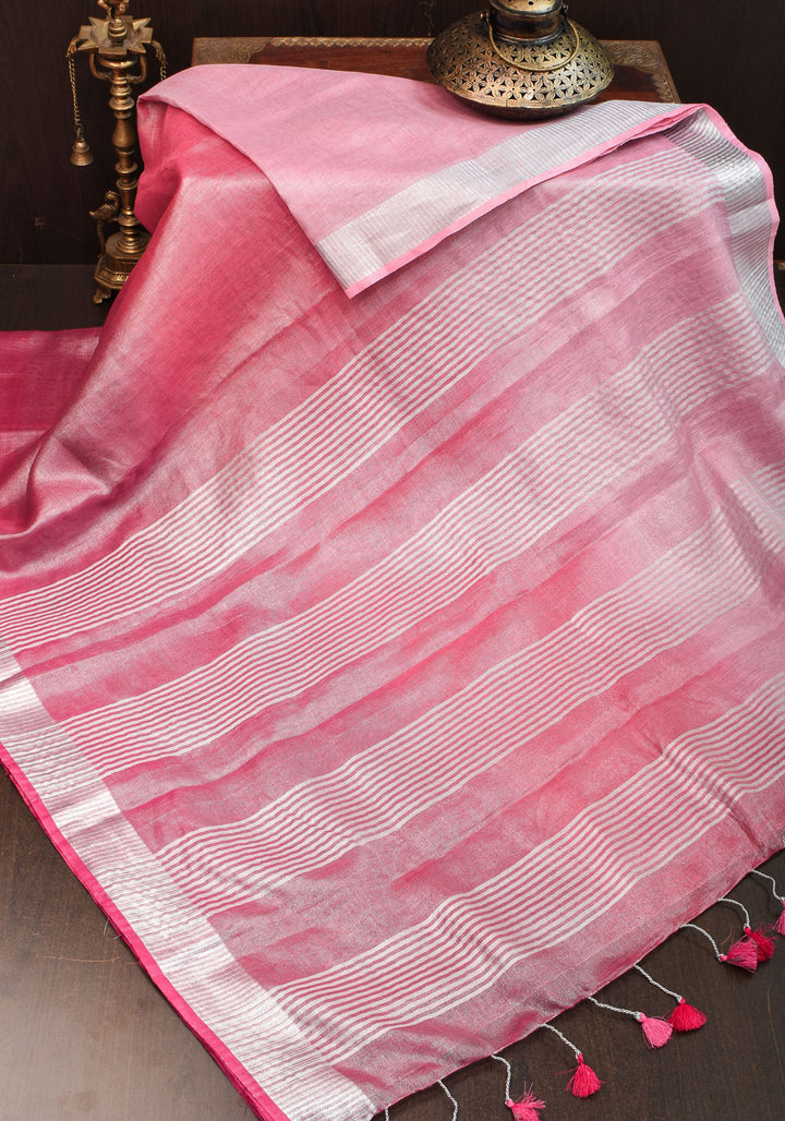Pink and Baby pink Ombre Silver Tissue Linen Saree with Silver Ribbed Borders