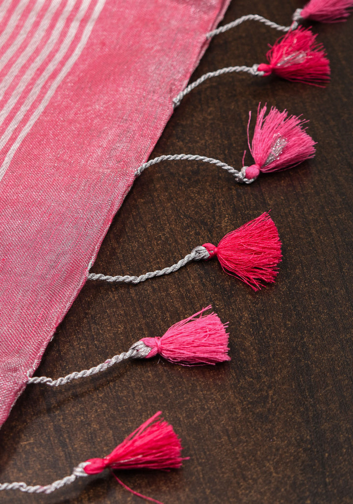 Pink and Baby pink Ombre Silver Tissue Linen Saree with Silver Ribbed Borders
