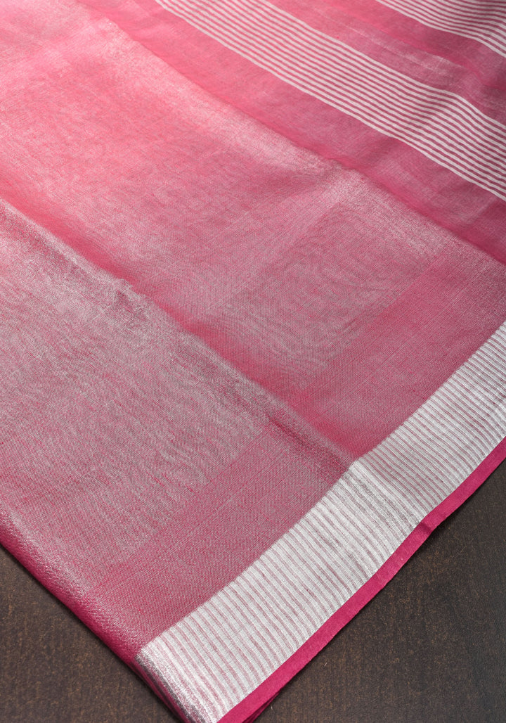 Pink and Baby pink Ombre Silver Tissue Linen Saree with Silver Ribbed Borders