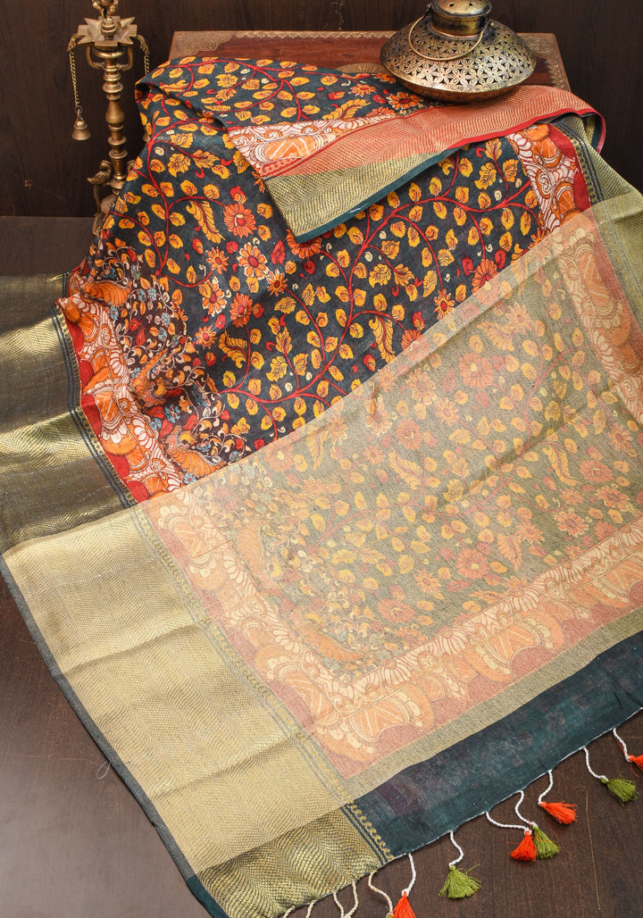 Green Linen Saree with Kalamkari Floral Print