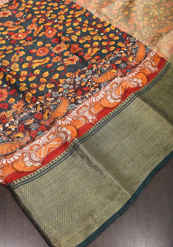 Green Linen Saree with Kalamkari Floral Print