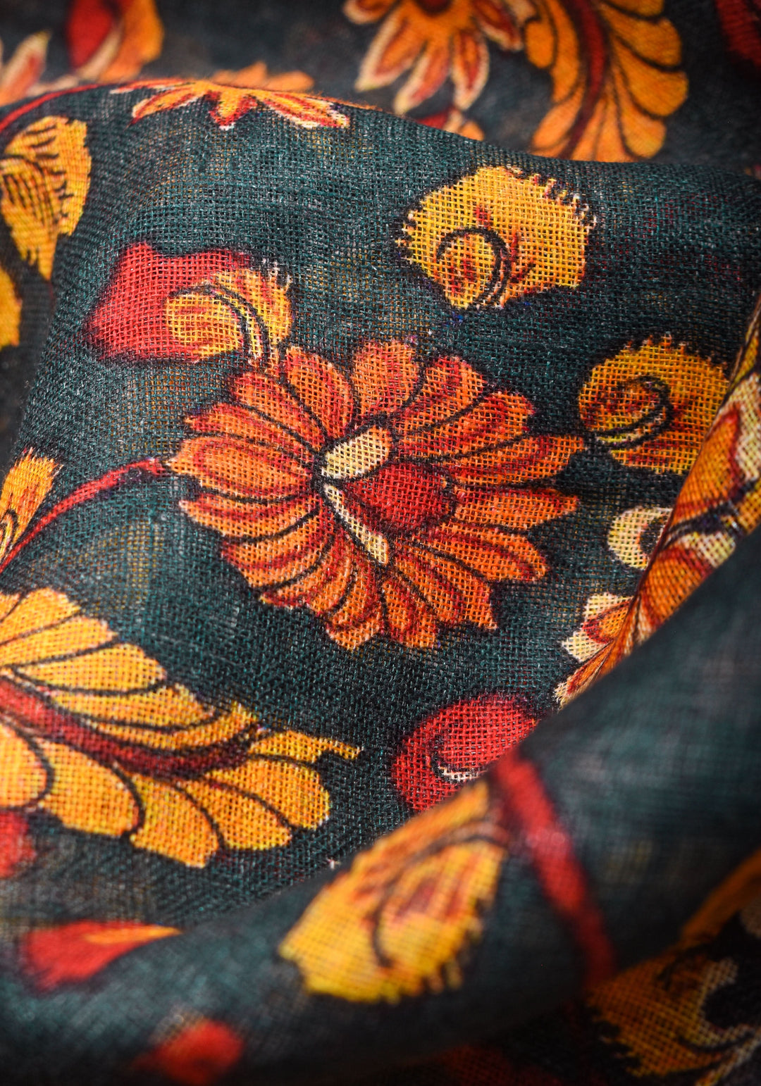 Green Linen Saree with Kalamkari Floral Print