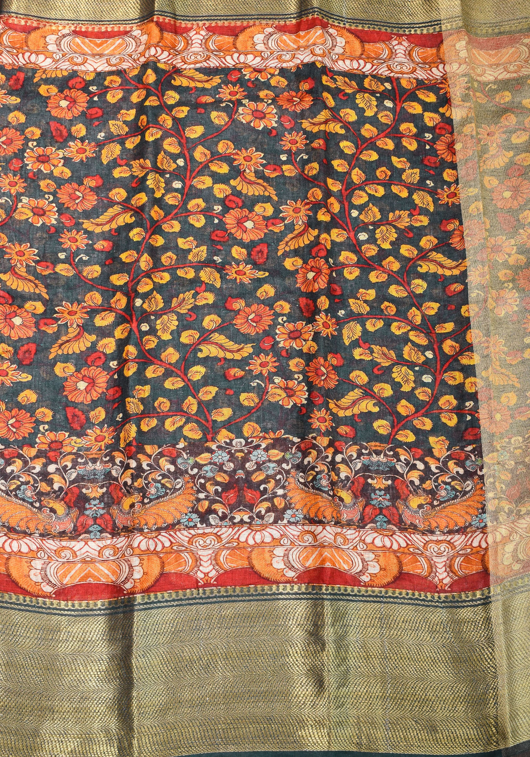Green Linen Saree with Kalamkari Floral Print