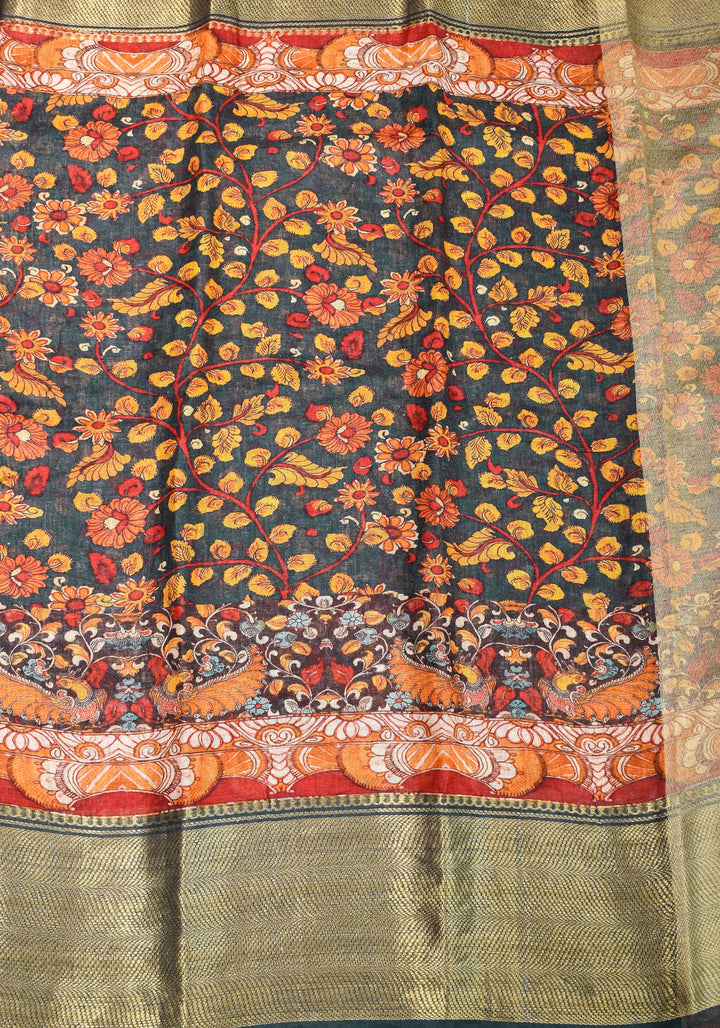 Green Linen Saree with Kalamkari Floral Print