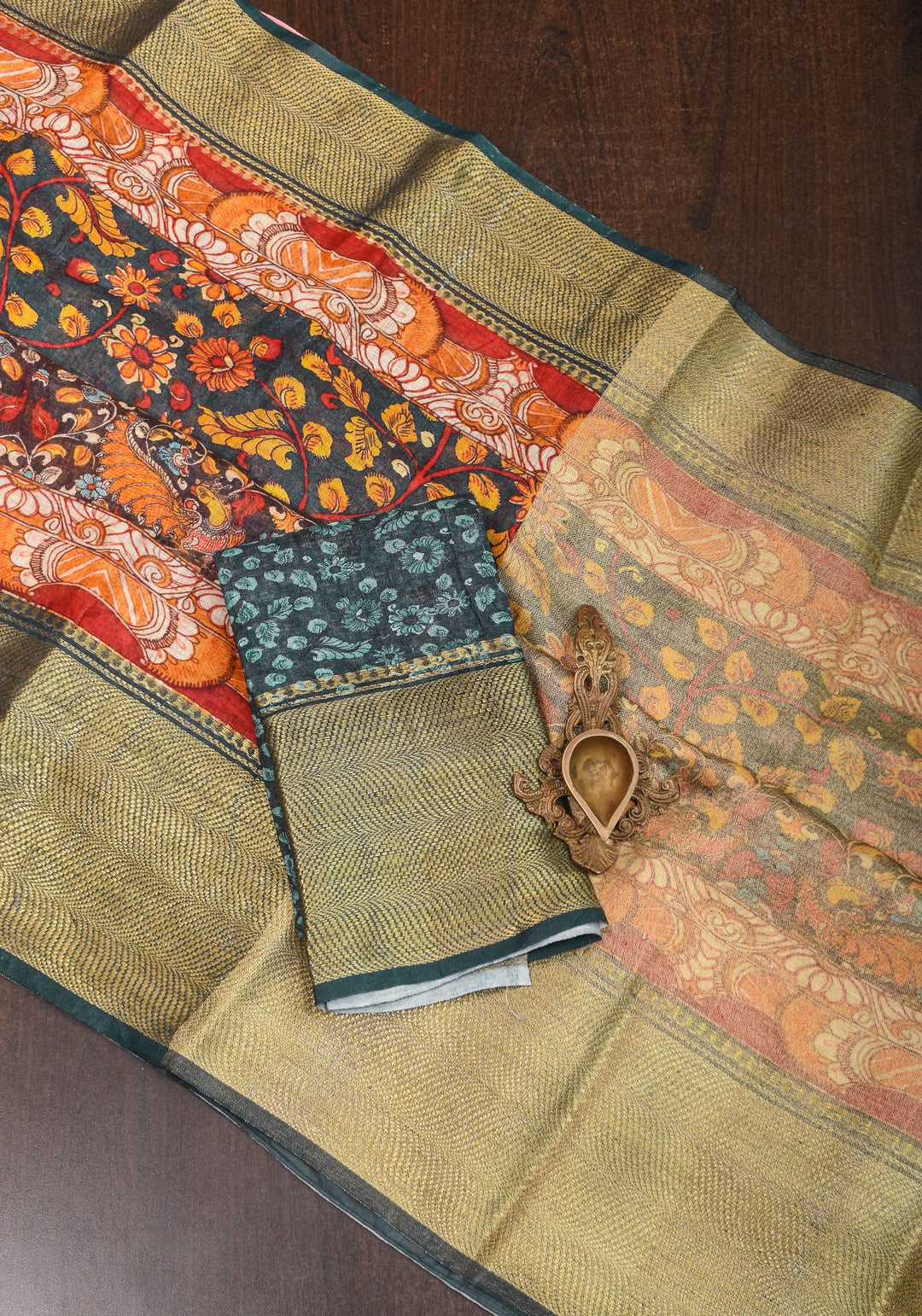 Green Linen Saree with Kalamkari Floral Print