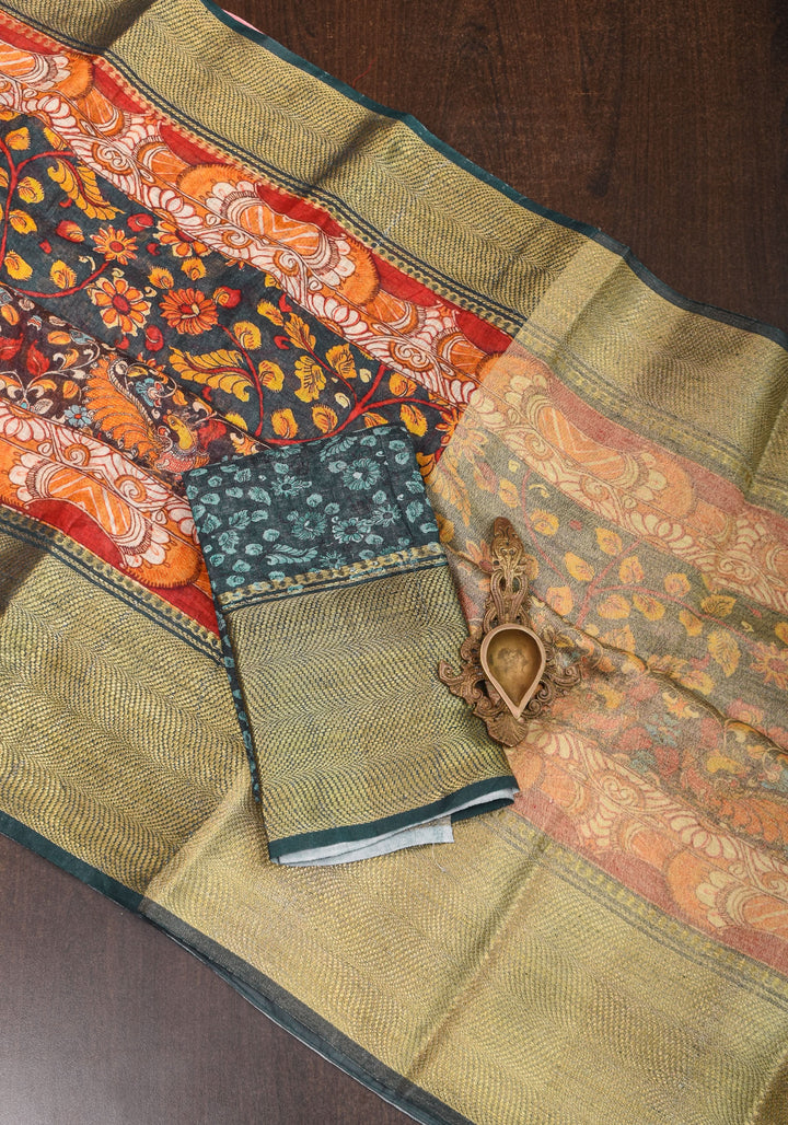 Green Linen Saree with Kalamkari Floral Print