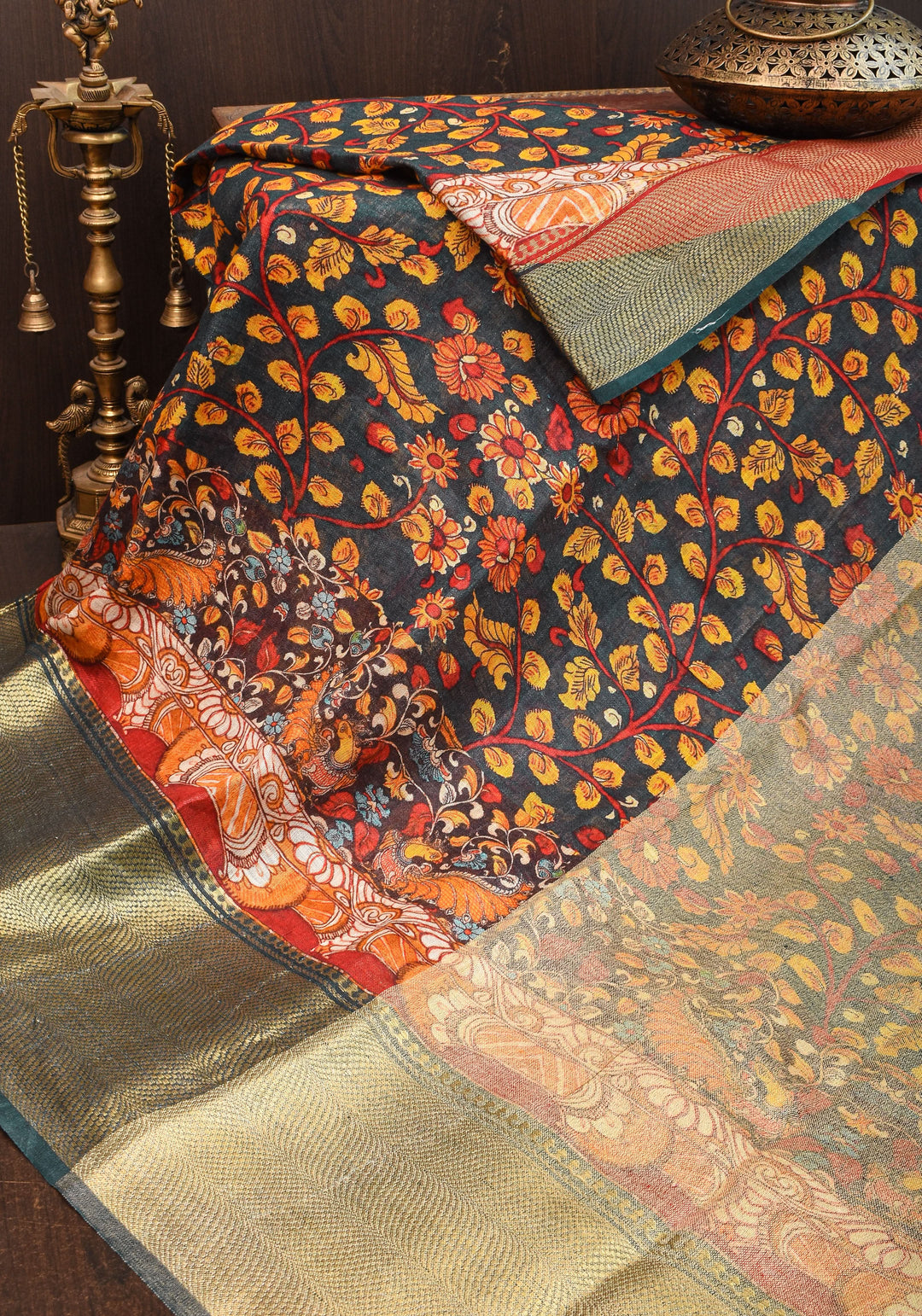 Green Linen Saree with Kalamkari Floral Print