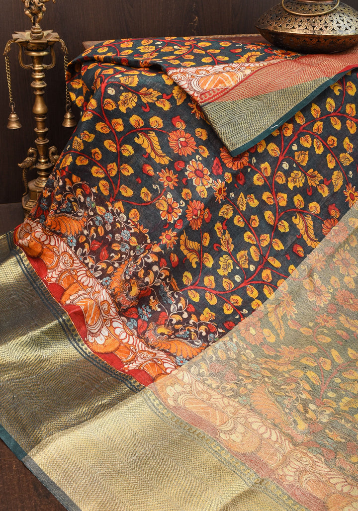 Green Linen Saree with Kalamkari Floral Print