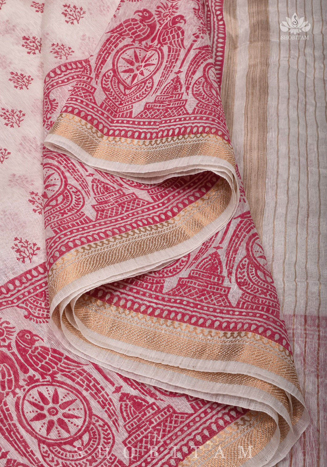 Silk Linen Saree in White with Twin Parrot Design Sanganeri Hand Block Printing | SHOBITAM